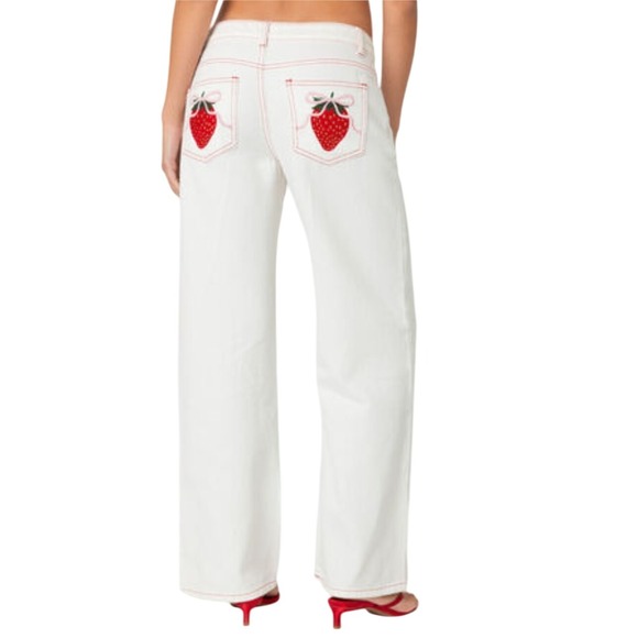 Edikted White Denim Jeans Strawberry Embroidered Pockets Red Stitch - S NWT - Picture 1 of 10